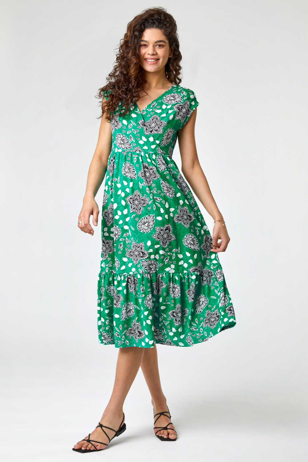 Green Floral Paisley Wrap Tiered Midi Dress, Image 3 of 5