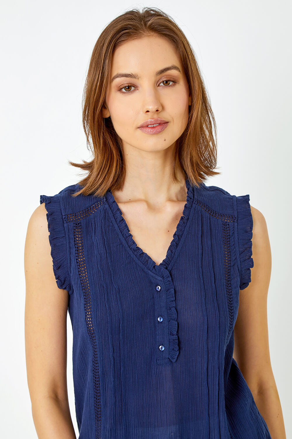 Navy  Ruffle Detail Cotton Crinkle Top, Image 4 of 5