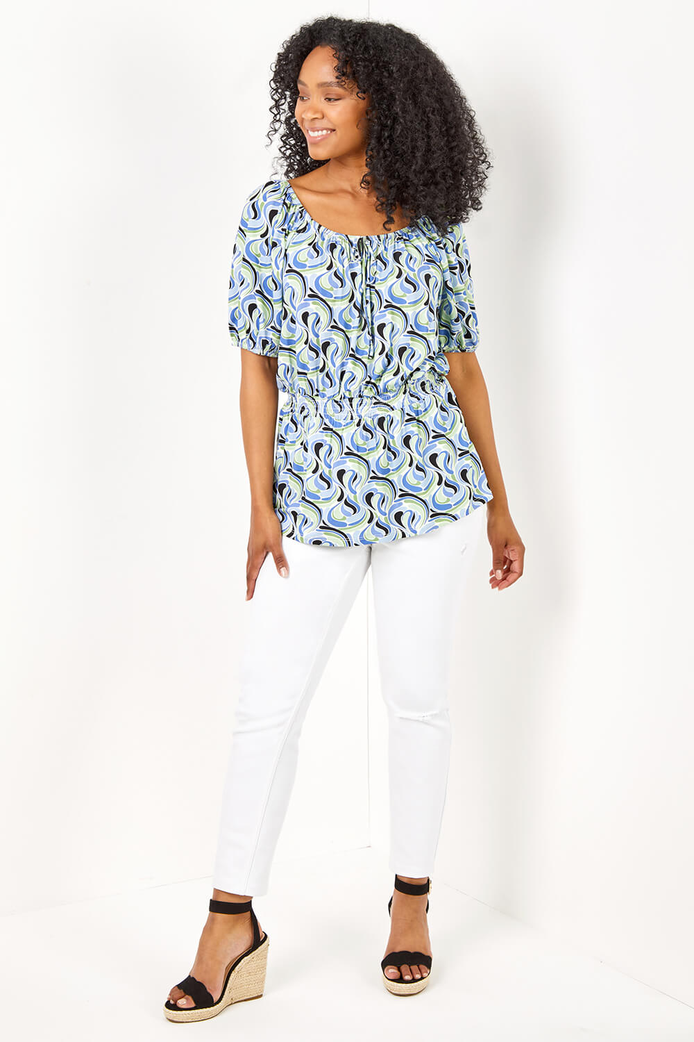 Petite Swirl Print Shirred Waist Top In Blue - Roman Originals Uk