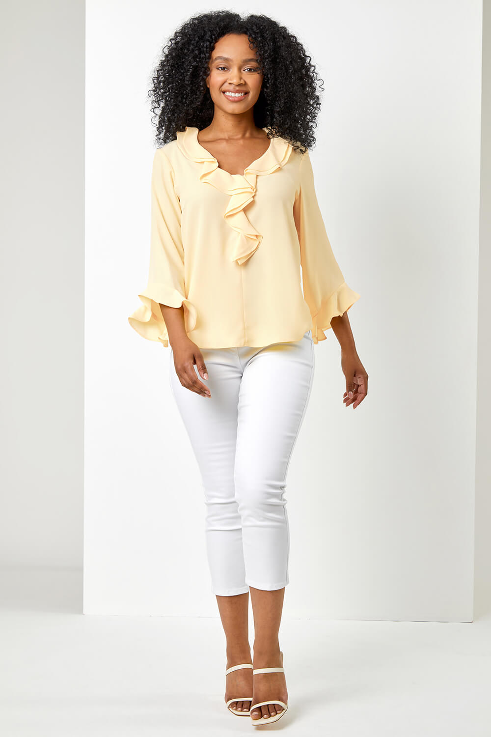 Yellow Petite Flared Sleeve Frill Detail Blouse, Image 3 of 5