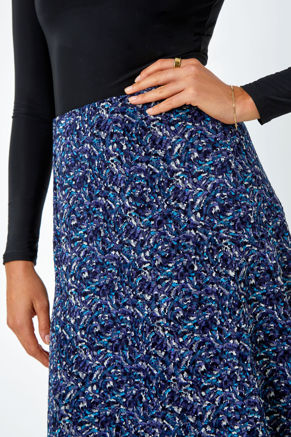 Midnight Blue Textured Abstract Print A-Line Stretch Skirt, Image 5 of 5