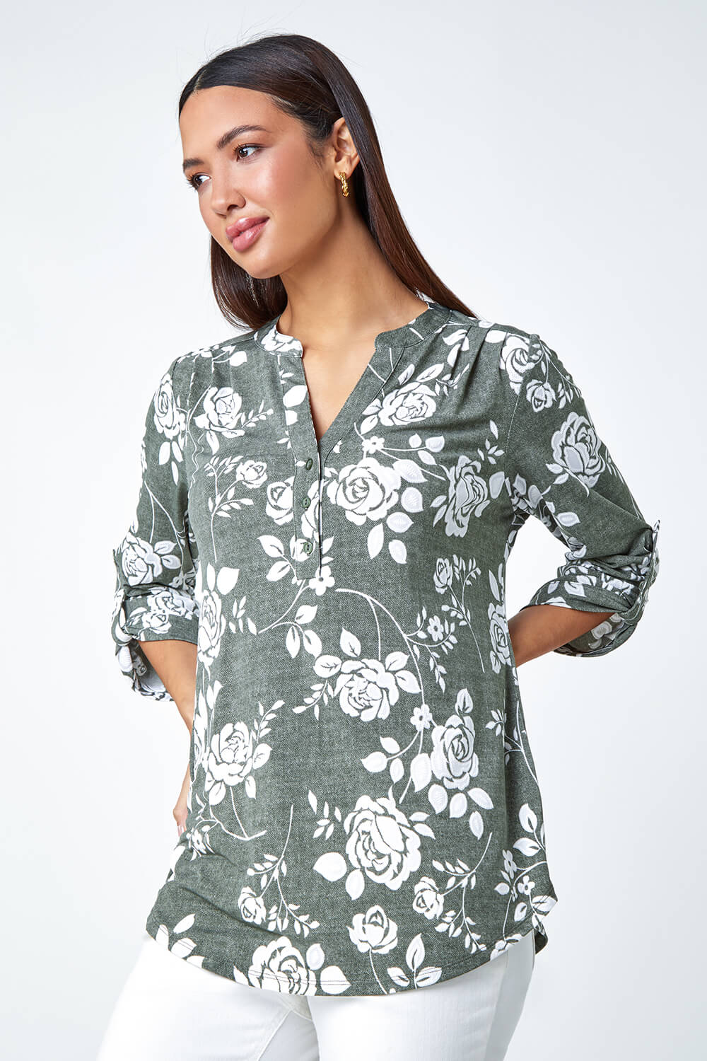 Khaki Textured Floral Print Stretch Shirt | Roman UK