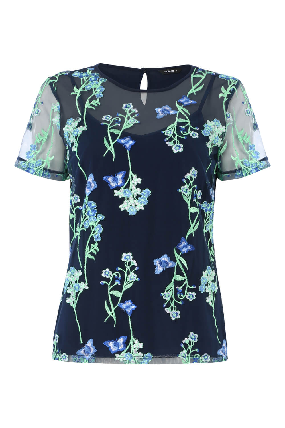 Blue Floral Mesh Embroidered Top, Image 4 of 8