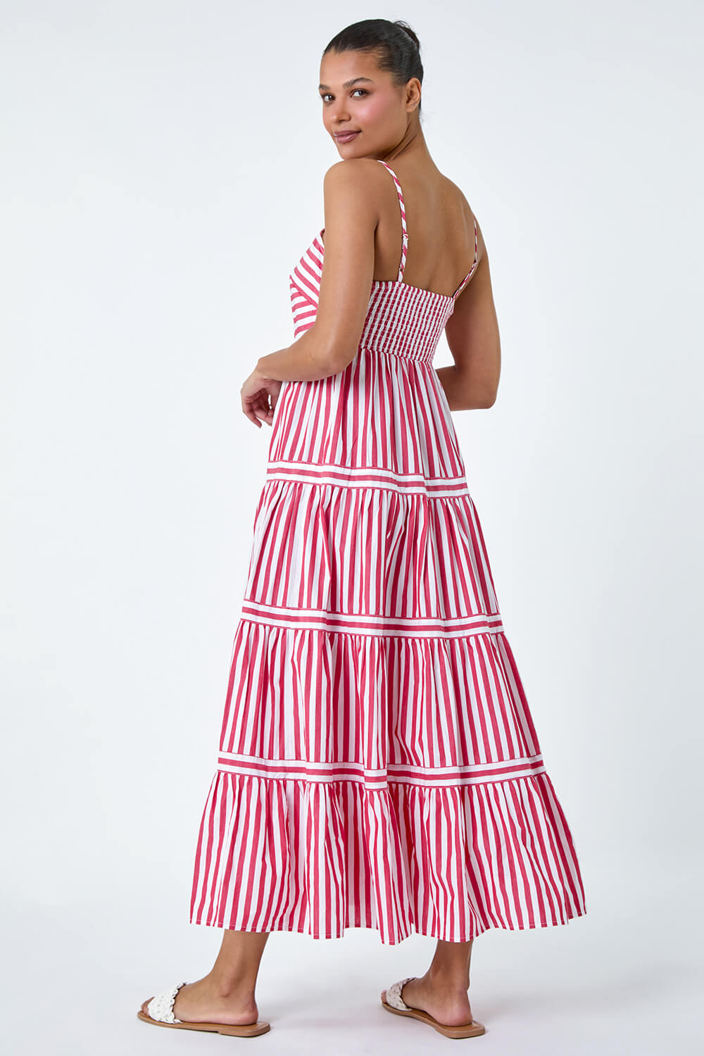 Red Sleeveless Stripe Tiered Cotton Maxi Dress, Image 3 of 5