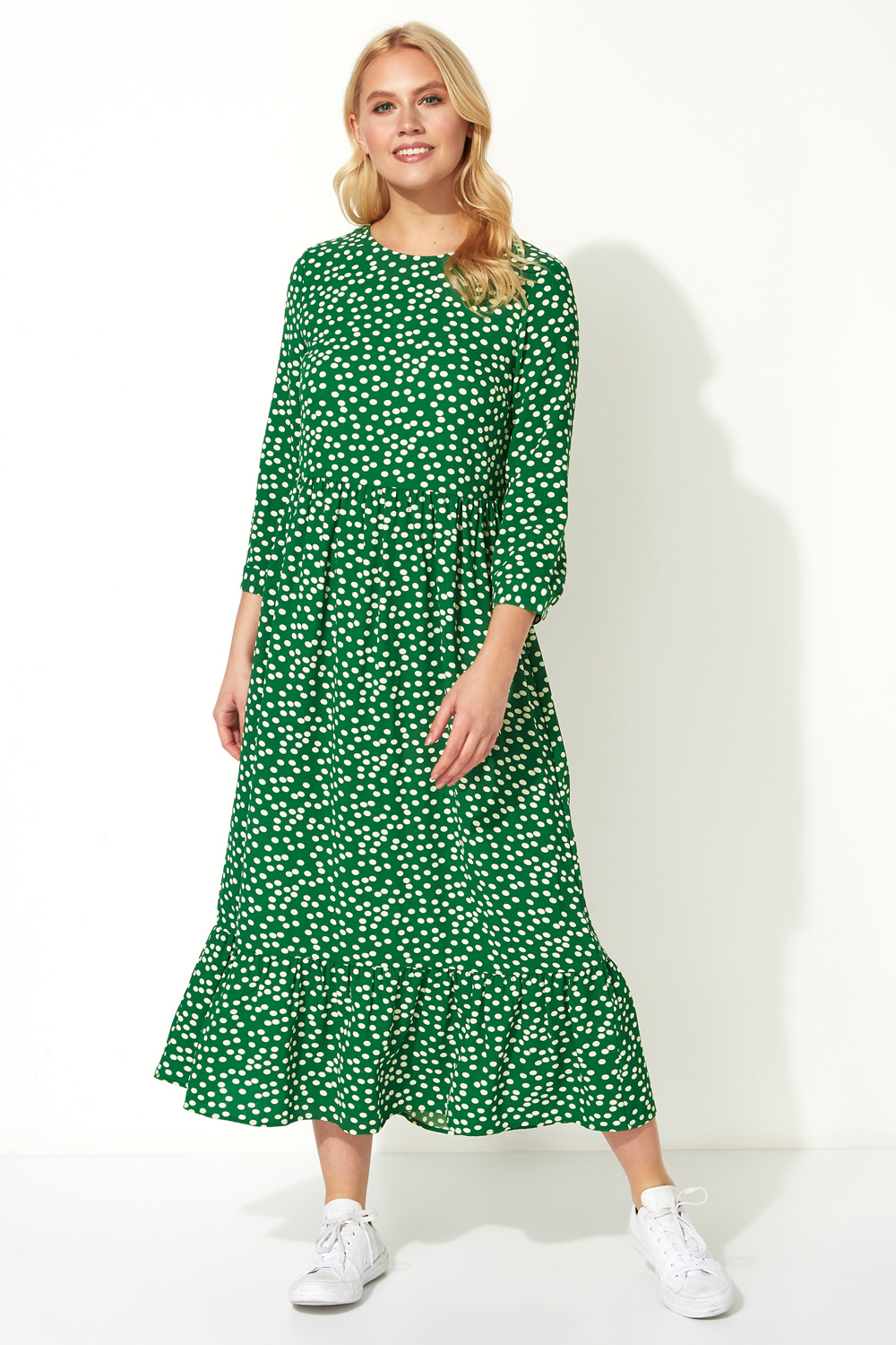 Polka Dot Print Tiered Maxi Dress