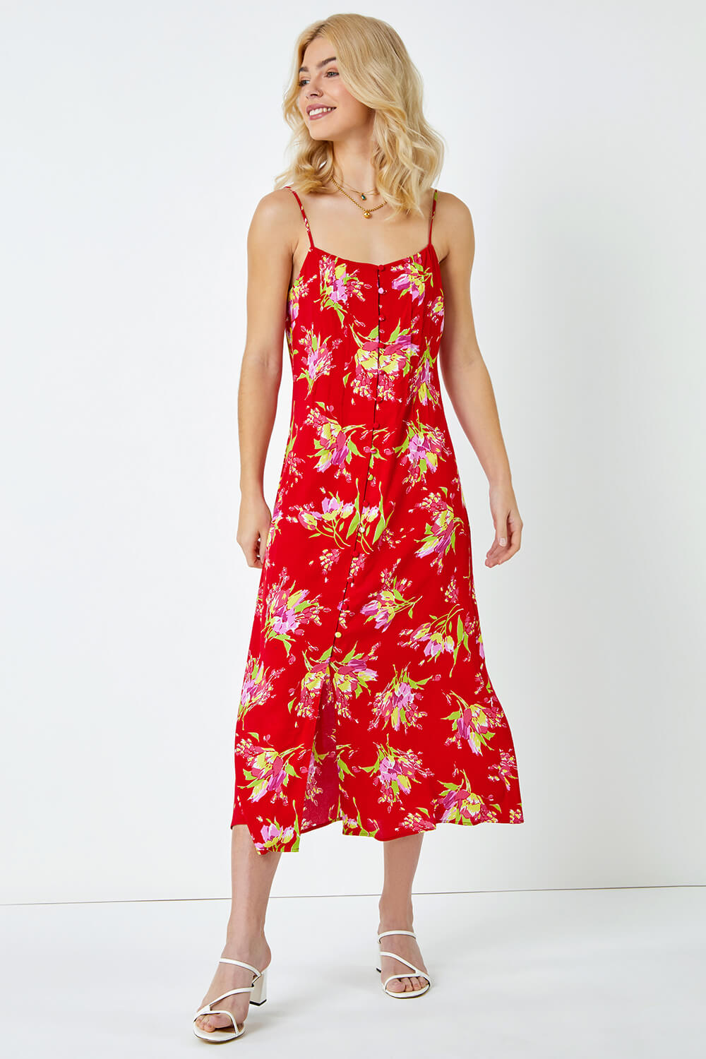 Red Strappy Floral Square Neck Midi Dress, Image 2 of 5