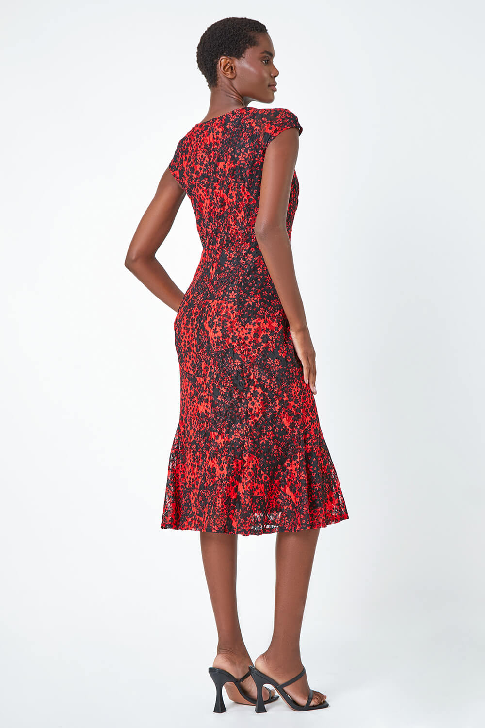 Red Ditsy Floral Stretch Lace Dress, Image 3 of 5