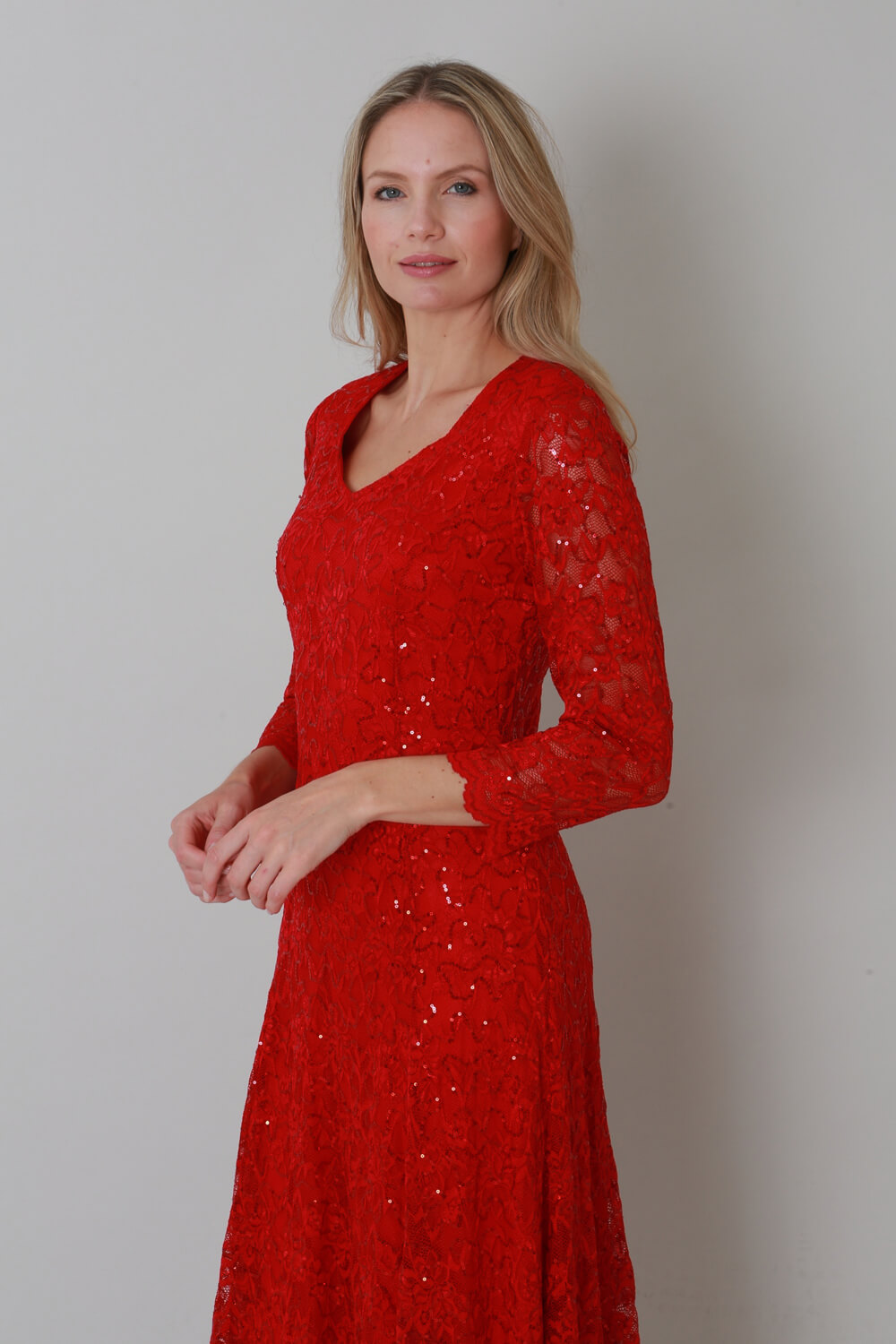 Red Julianna Sequin Lace Midi Dress, Image 3 of 4
