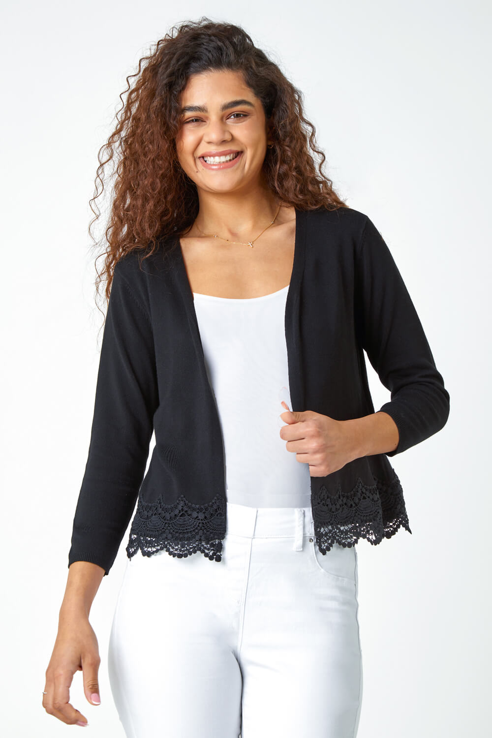 Black Scalloped Lace Trim Knitted Shrug, Image 4 of 5