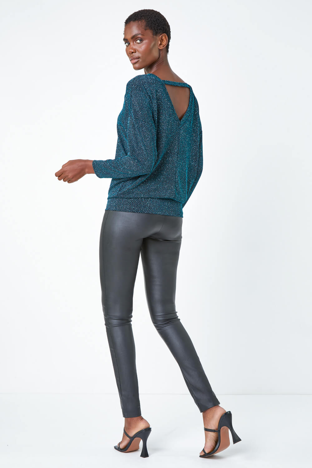 Teal Glitter Blouson Stretch Top , Image 3 of 5
