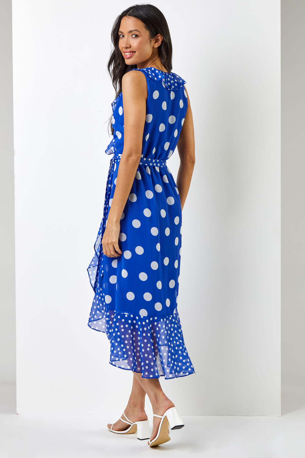 Royal Blue Polka Dot Frill Detail Wrap Dress, Image 2 of 5