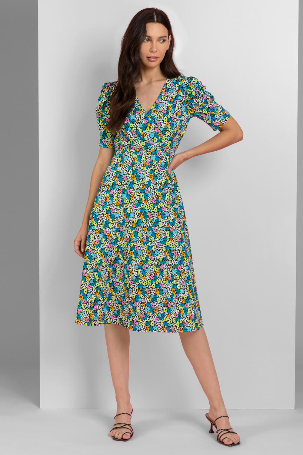 Blue Floral Print Puff Sleeve Wrap Dress, Image 3 of 5