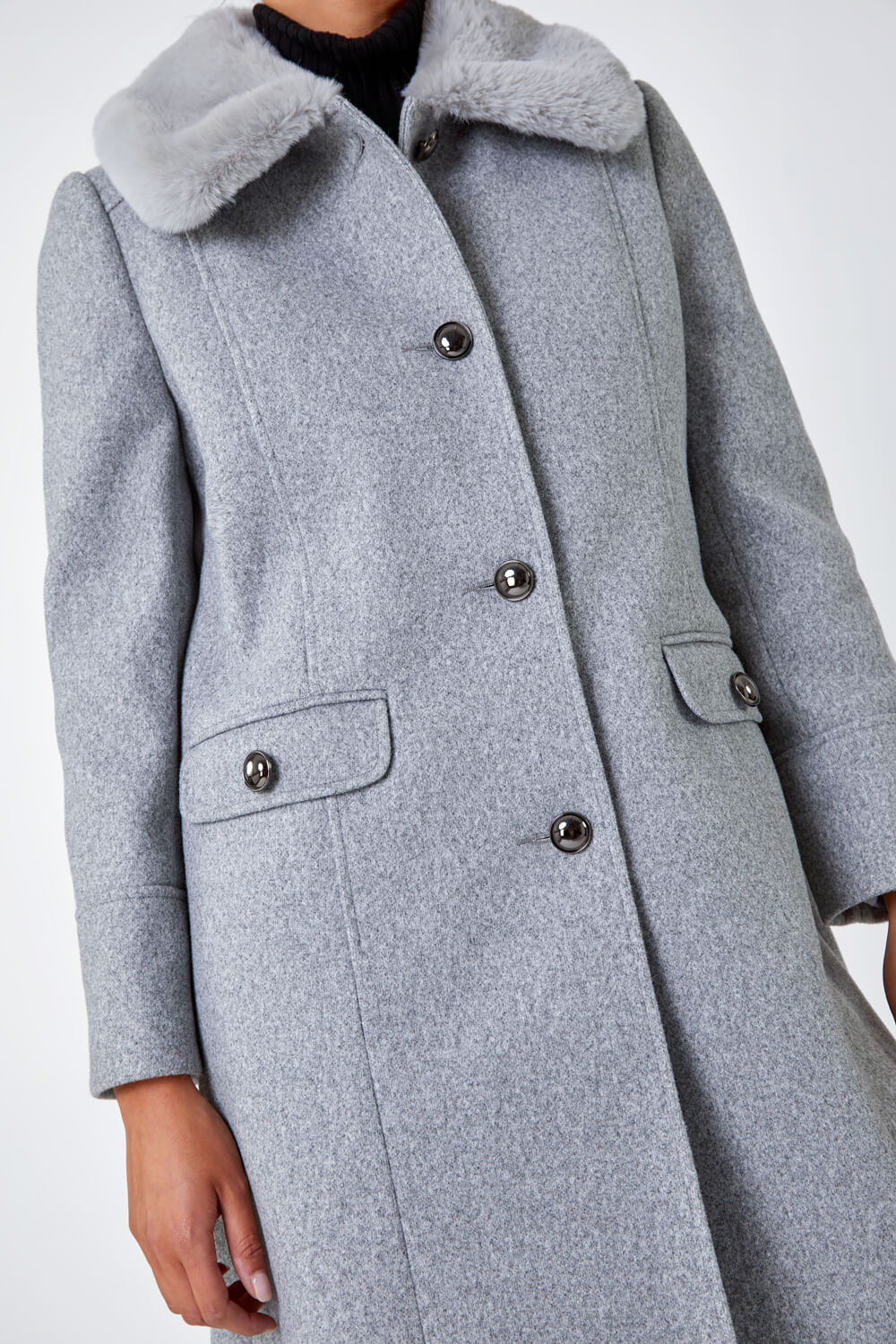 Grey Petite Faux Fur Collar Longline Coat, Image 5 of 5