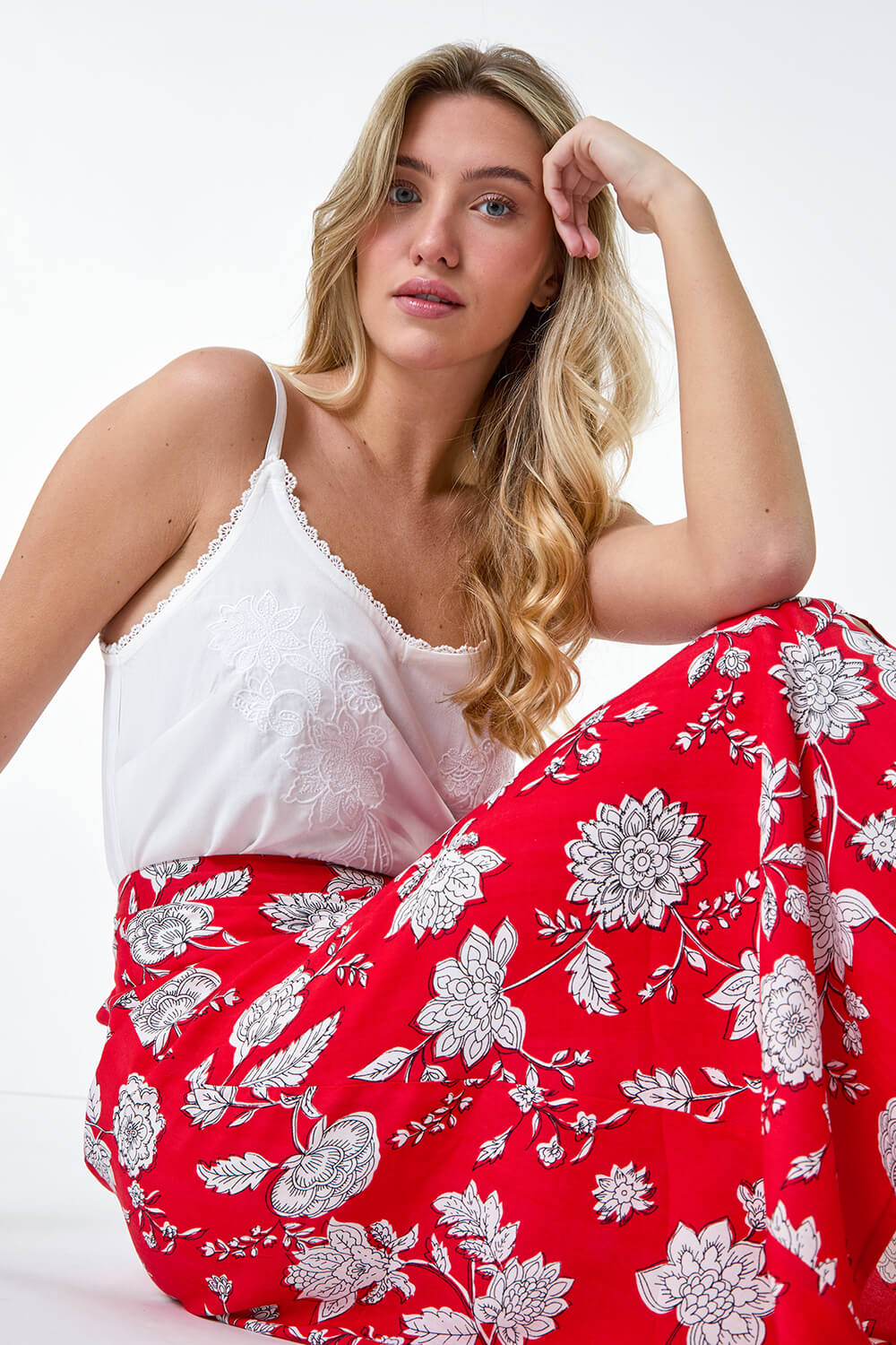 CORAL Floral Button Detail Midi Skirt, Image 2 of 5