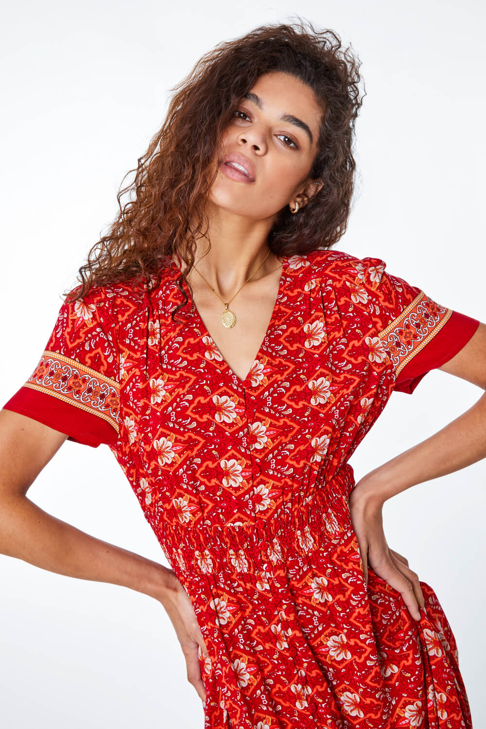 Floral Print Shirred Waist Maxi Dress in Red - Roman Originals UK