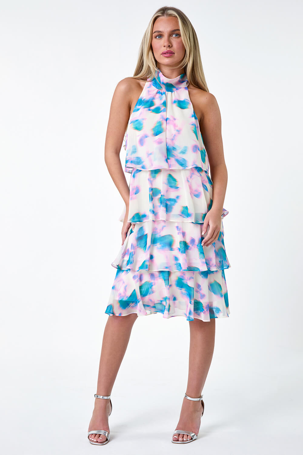  Petite Abstract Tie Neck Tiered Dress, Image 2 of 5