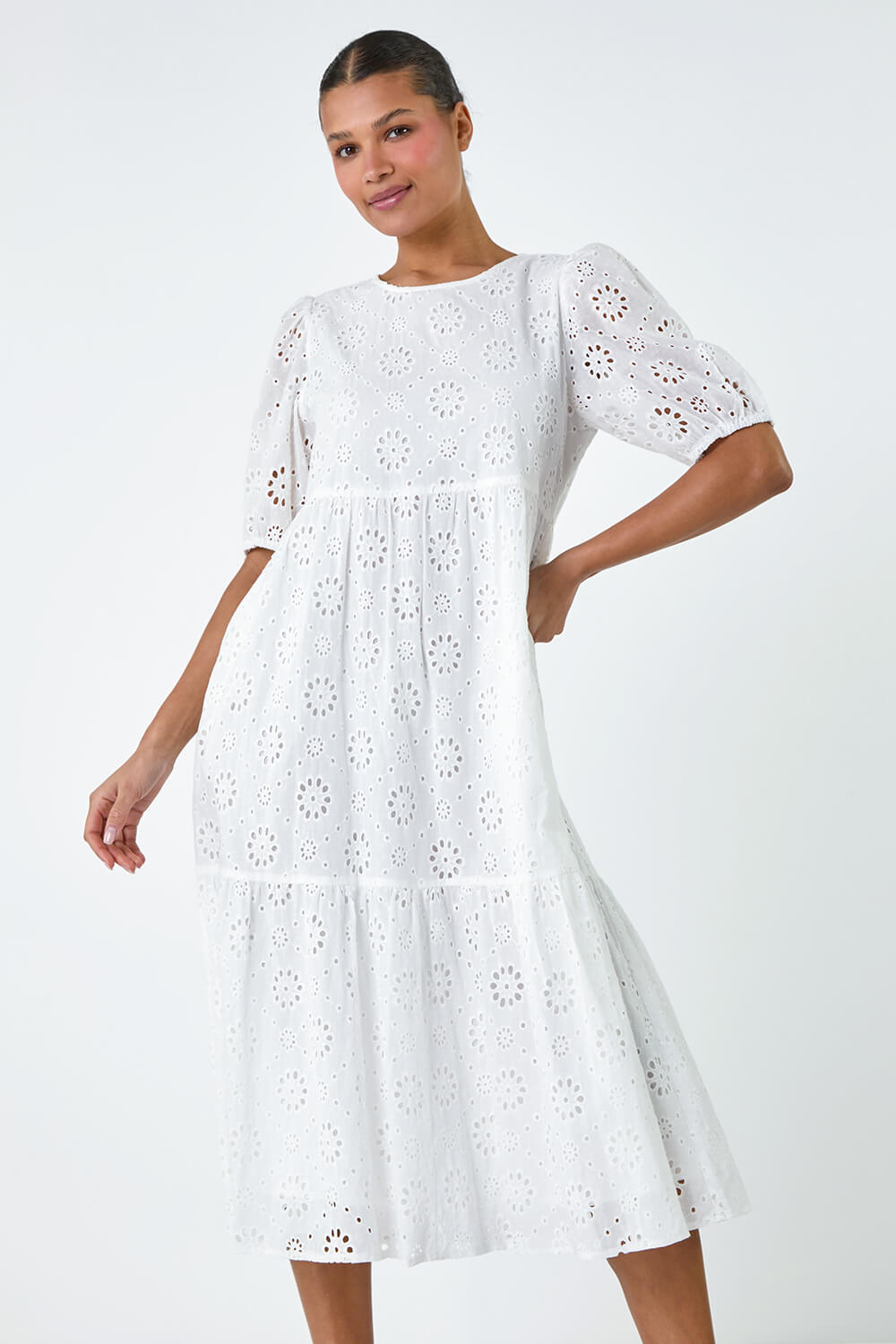 Ivory Cotton Broderie Tiered Dress | Roman UK