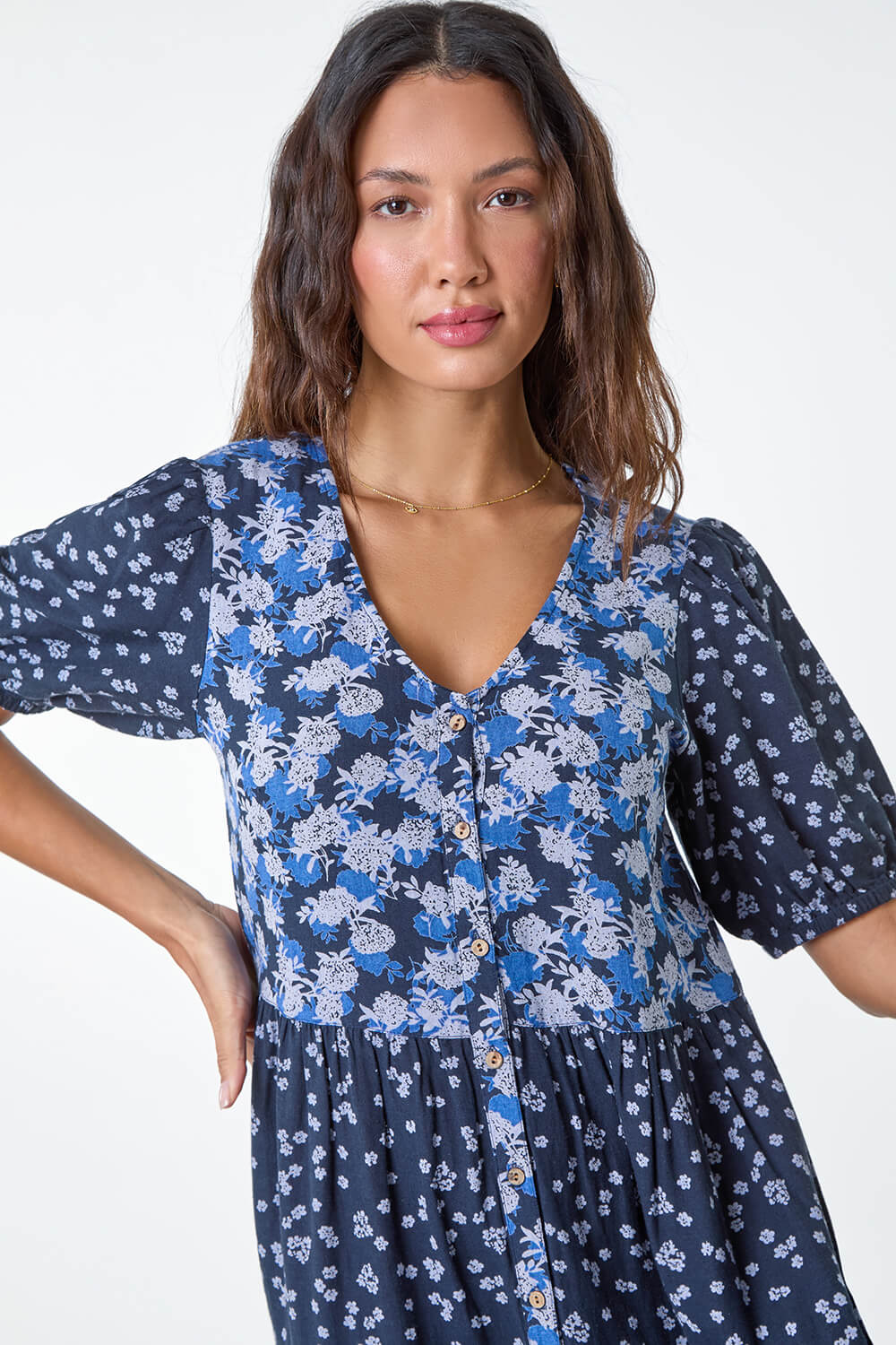 Navy  Floral Cotton Blend Tiered Smock Dress, Image 4 of 5
