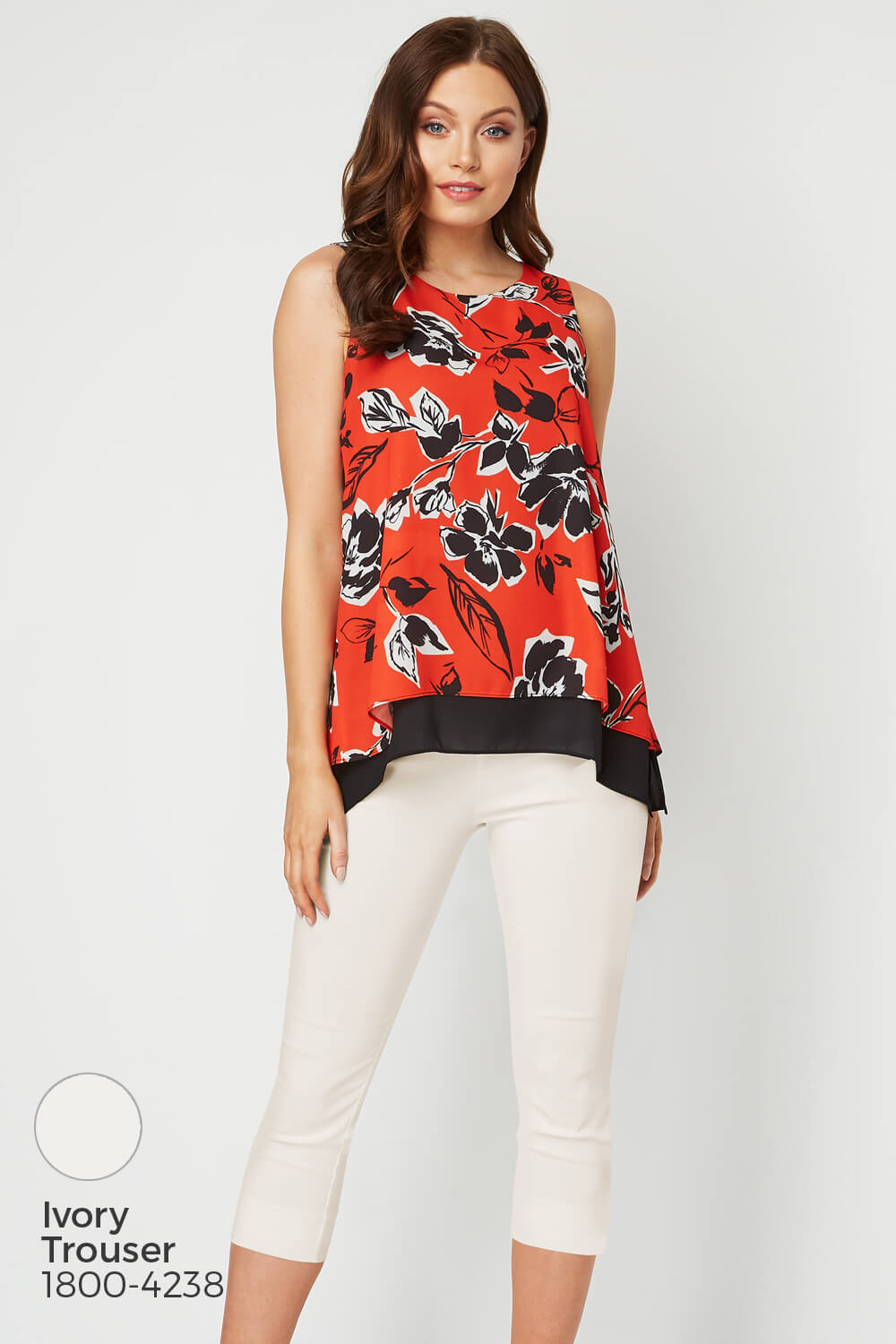 Red Sleeveless Floral Contrast Top, Image 8 of 8
