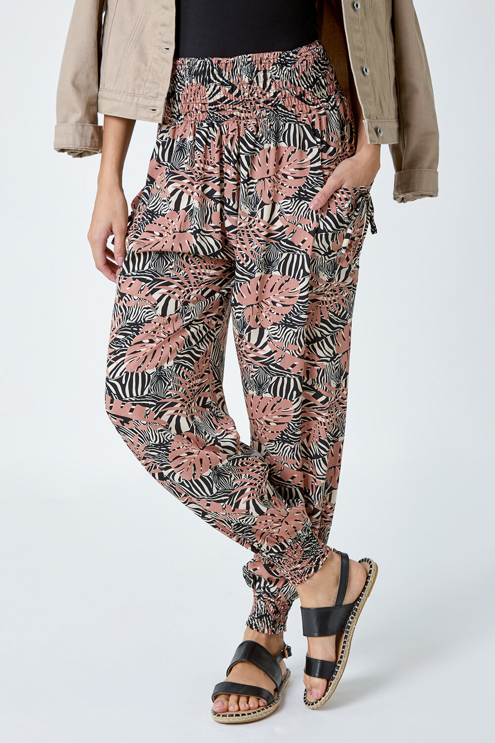 Black Tropical Print Stretch Hareem Trousers, Image 4 of 5