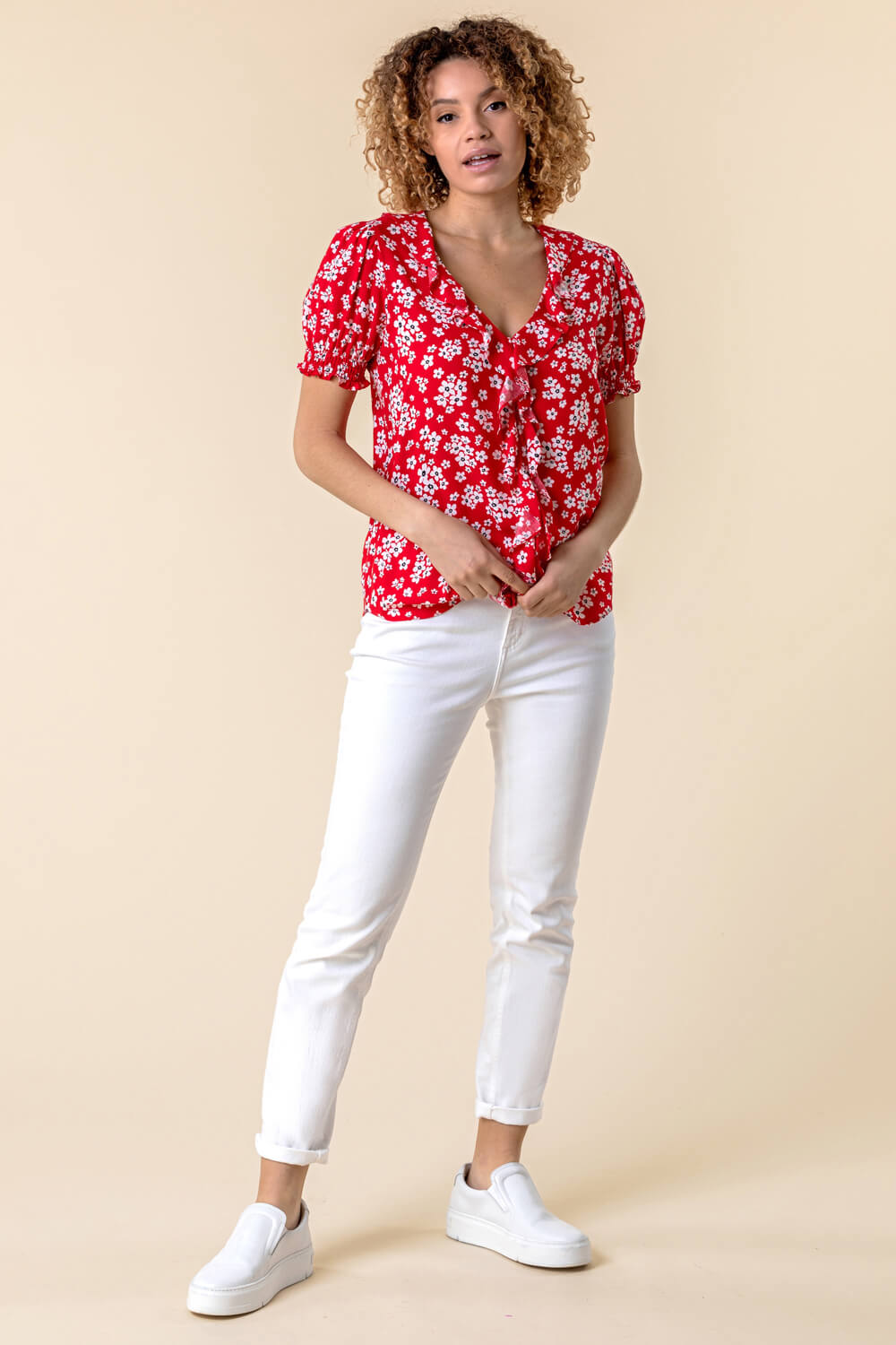 Red Floral Print Frill Detail Blouse, Image 3 of 5