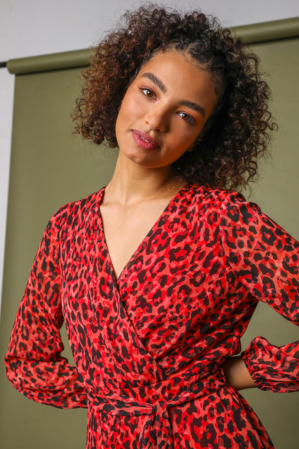 Red Animal Print Belted Wrap Dress, Image 4 of 5