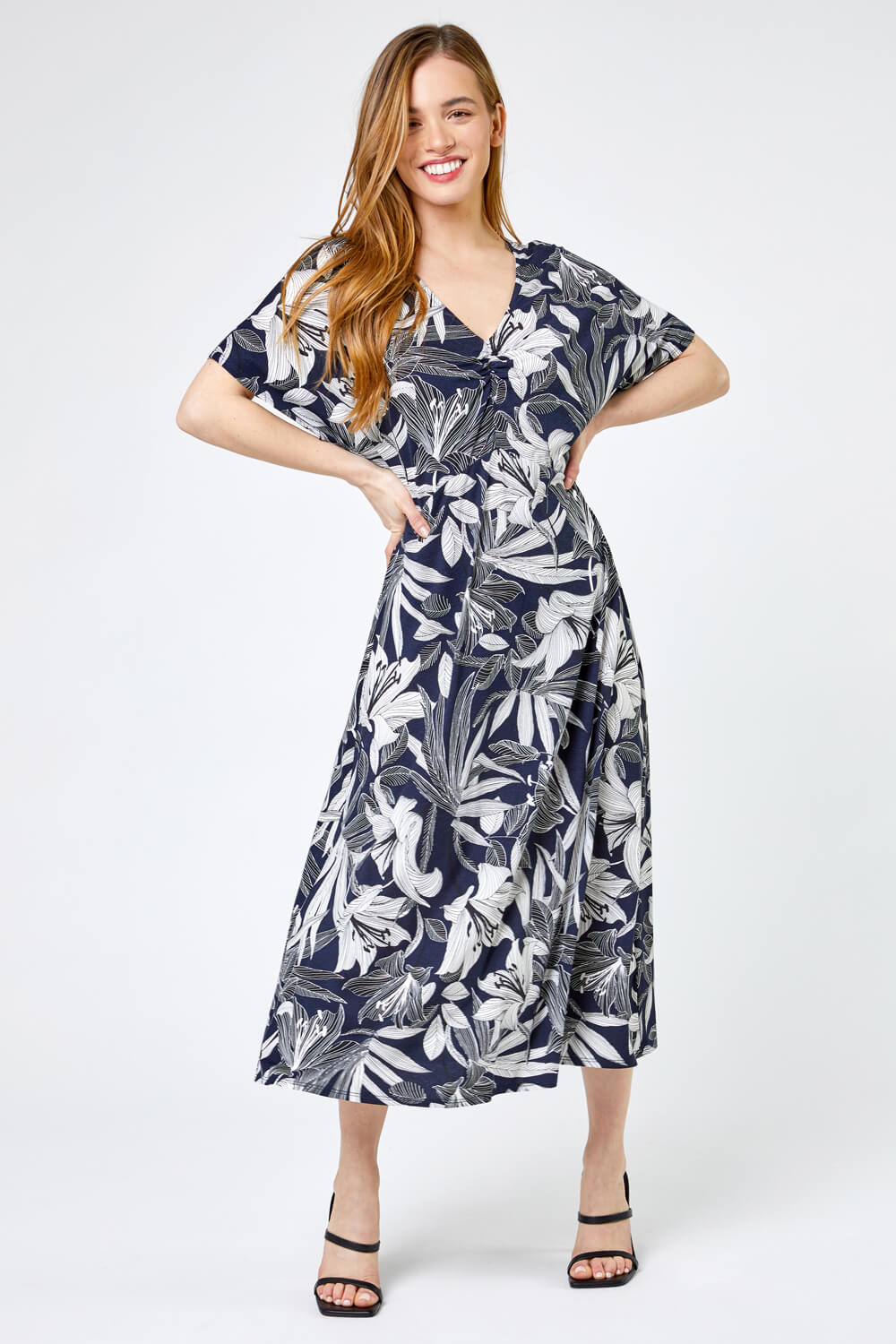 Navy  Petite Lily Print Ruched Midi Dress, Image 4 of 4