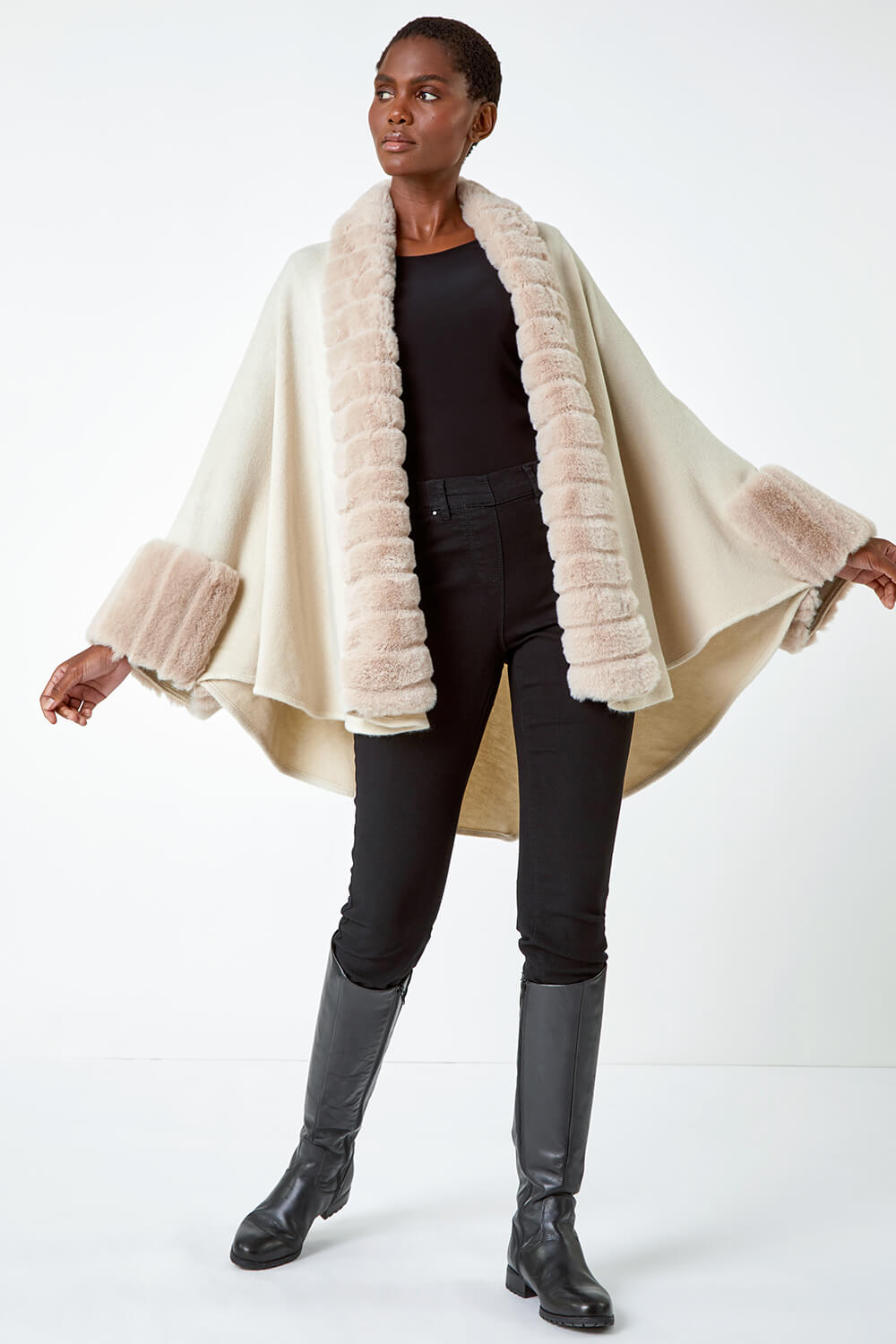 Natural  One Size Faux Fur Trim Knitted Poncho, Image 2 of 7