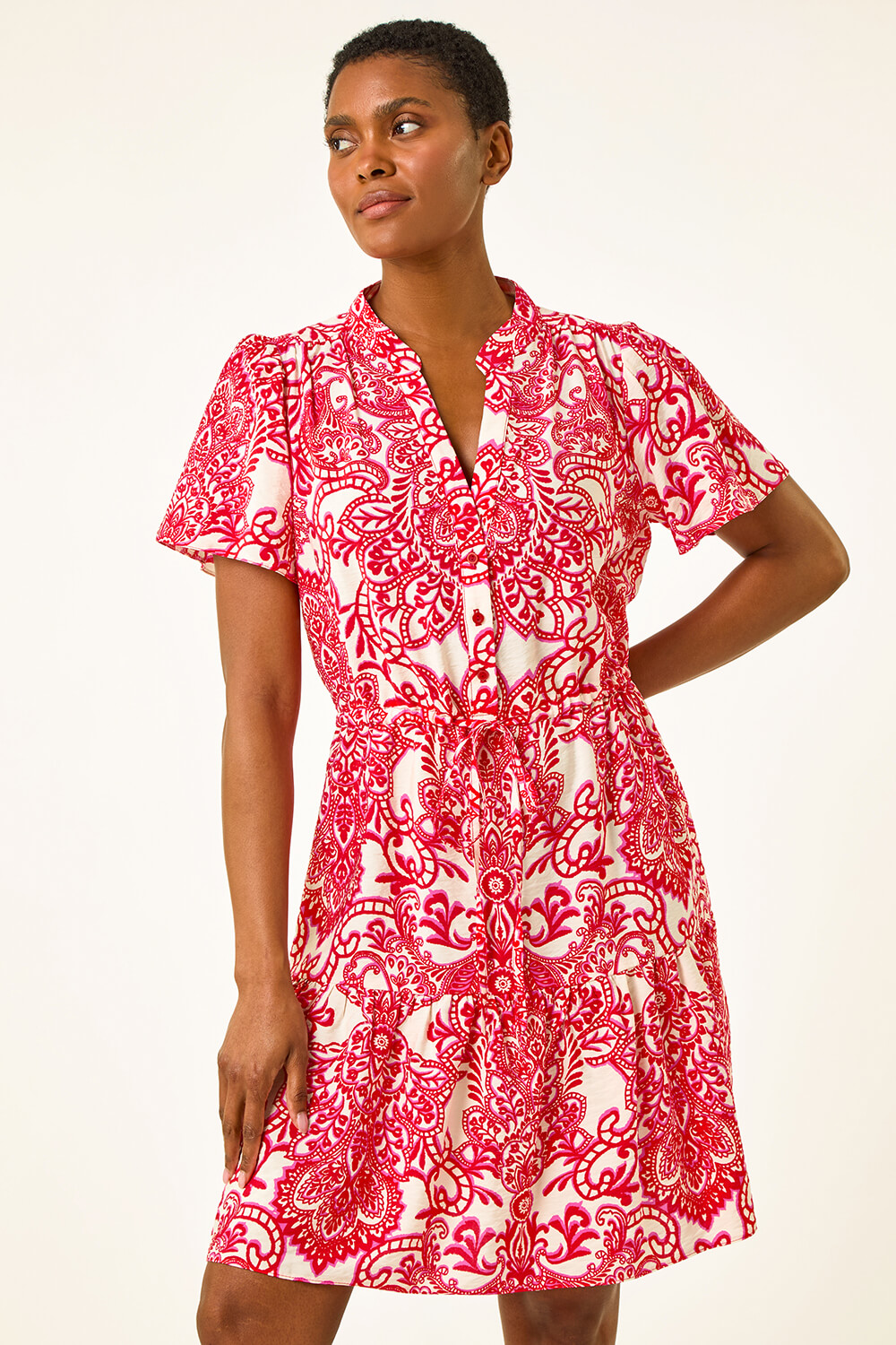 Red Floral Print Frill Hem Shirt Dress Roman Uk 3628