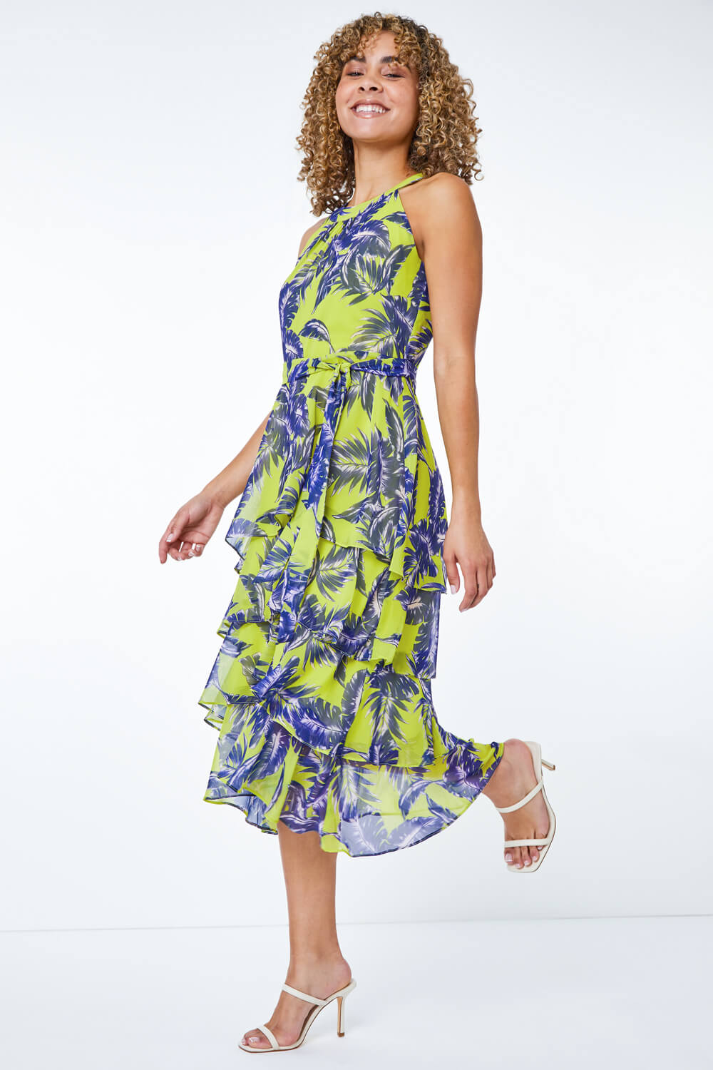 Petite Tiered Tropical Print Midi Dress