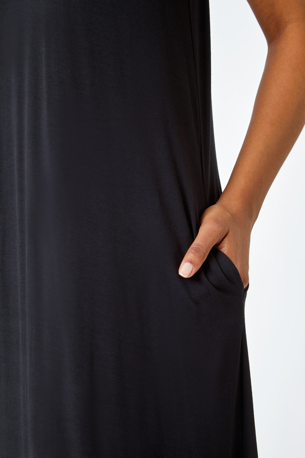 Black Plain Stretch Jersey Pocket Midi Dress, Image 5 of 5