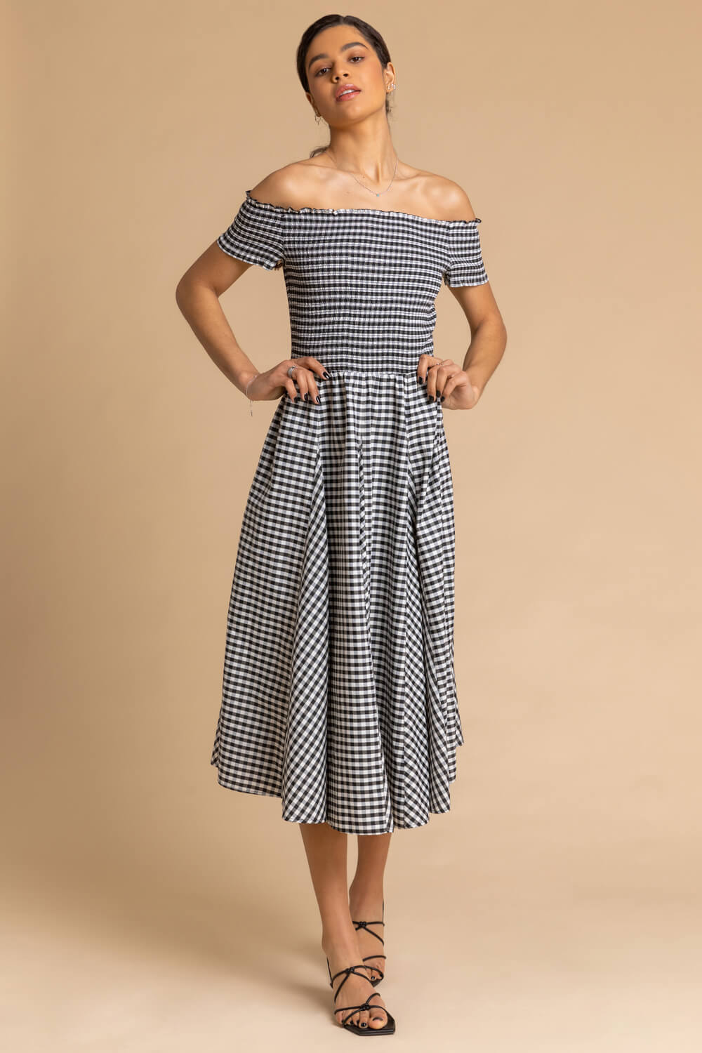Black Gingham Bardot Fit and Flare Dress, Image 3 of 5