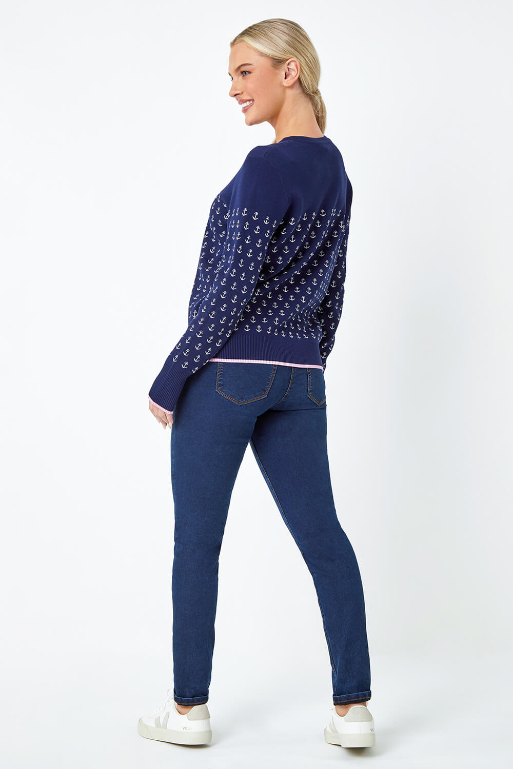 Navy  Petite Anchor Embroidered Cardigan, Image 3 of 5