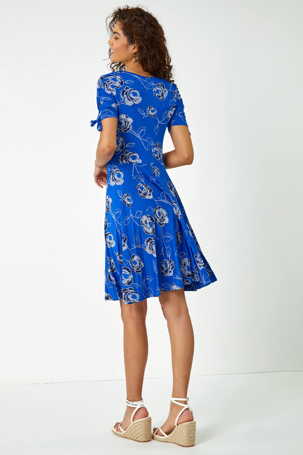 Royal Blue Floral Stretch Jersey Tea Dress, Image 3 of 5