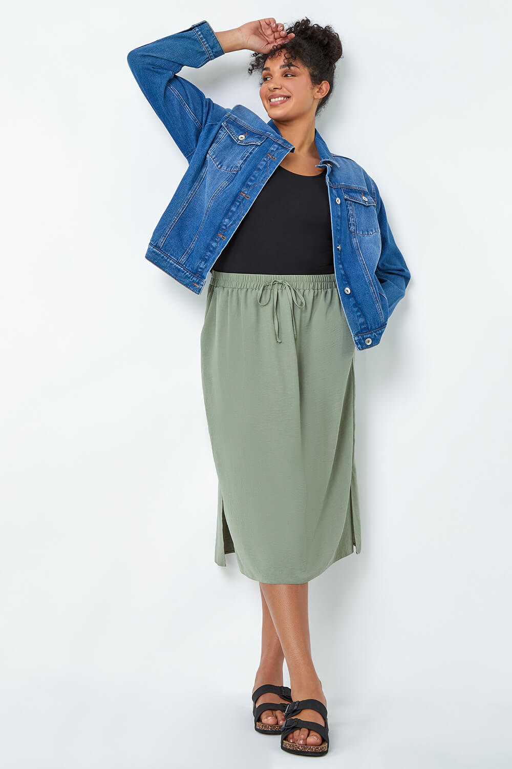 Khaki Curve Linen Look Midi Skirt | Roman UK
