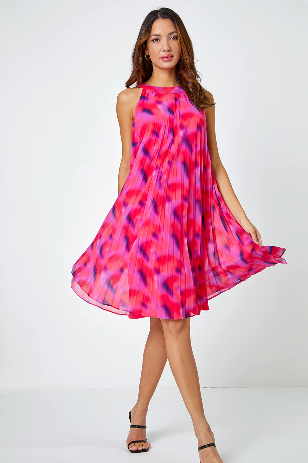 CERISE High Neck Abstract Pleated Swing Dress, Image 4 of 5