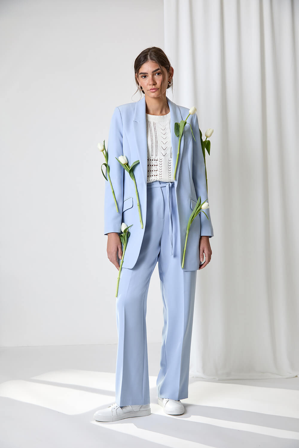 Light Blue  Crepe Stretch Straight Leg Trousers, Image 7 of 7