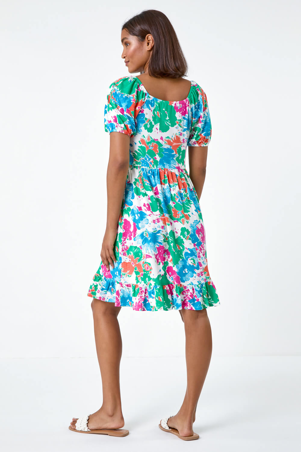 Blue Abstract Floral Ruched Frill Stretch Dress, Image 3 of 5
