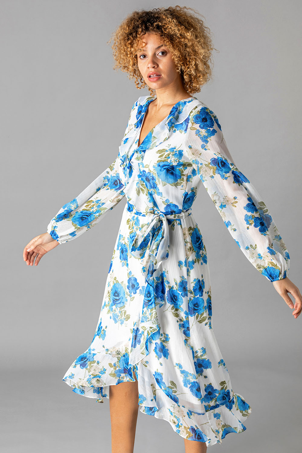 Ivory  Floral Frill Midi Dress, Image 3 of 4