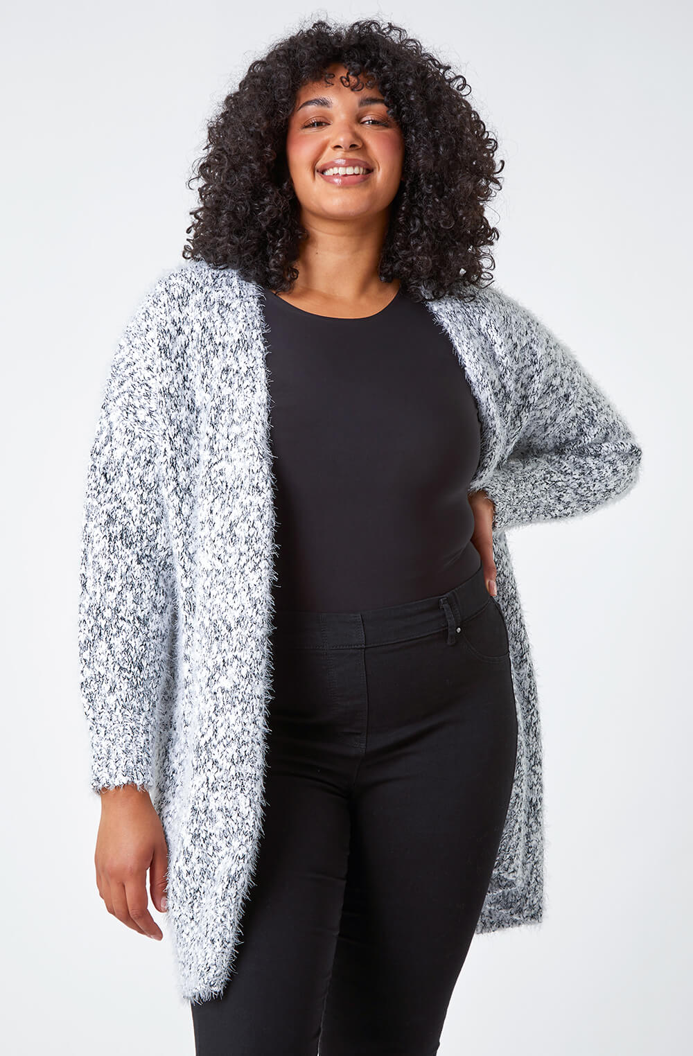 Grey Curve Fluffy Textured Cardigan, Image 4 of 7