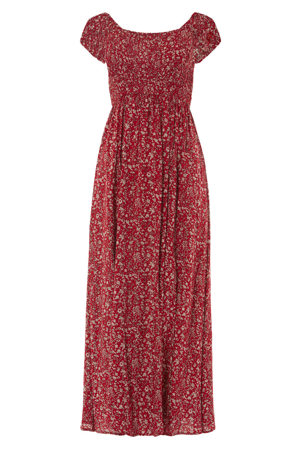 Red Floral Shirred Bardot Maxi Dress, Image 6 of 6