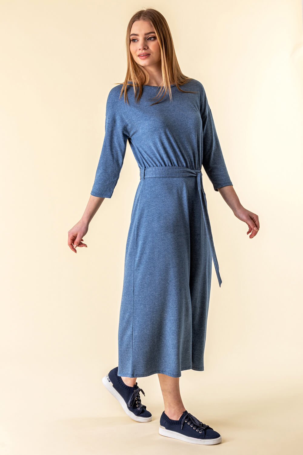 Light Blue  Belted Jersey Midi Dress, Image 3 of 4