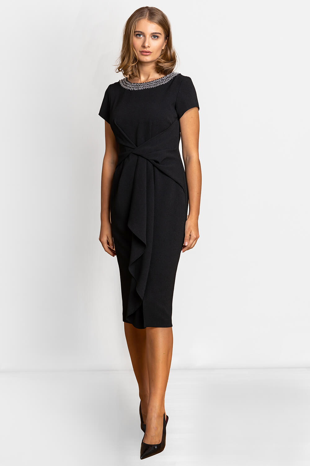Black Embellished Stretch Twist Waist Ruched Dress, Image 3 of 4
