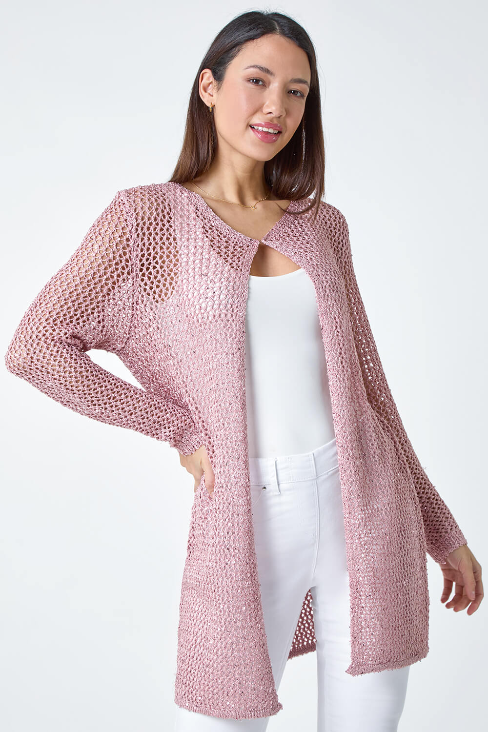 Light Pink Sequin Knit Longline Cardigan, Image 2 of 5