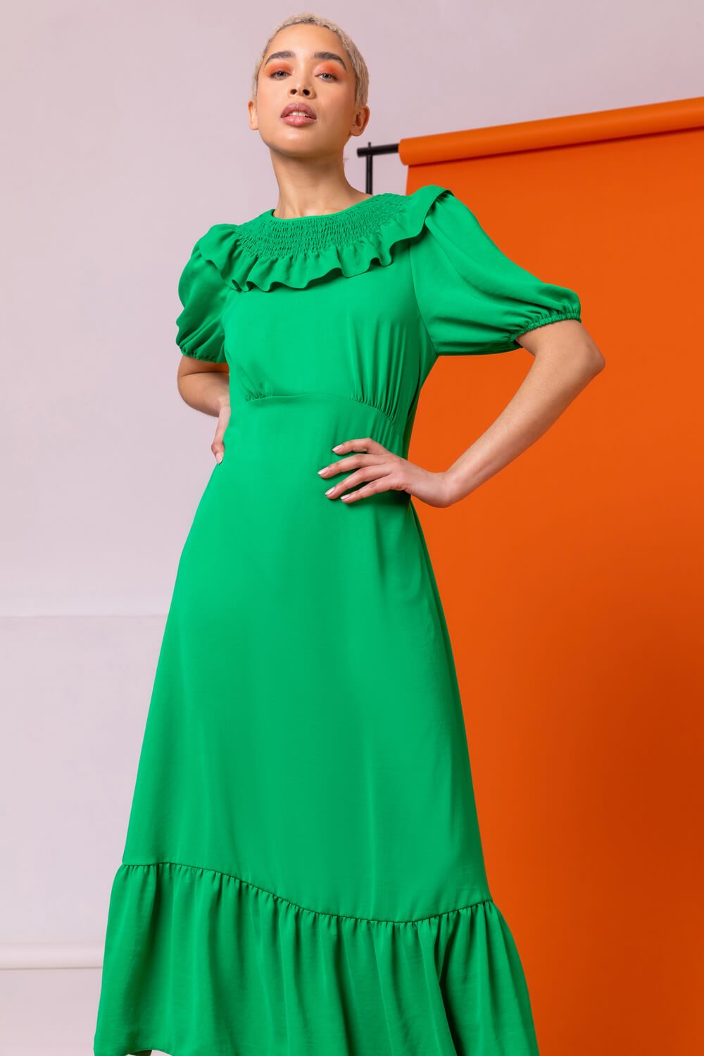 Green Frill Collar Detail Midi Dress, Image 3 of 4