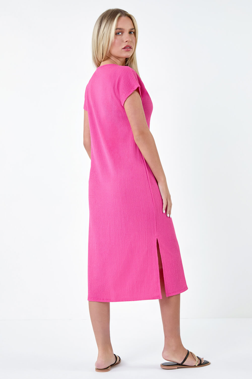 Fuchsia Petite Textured T-Shirt Stretch Midi Dress, Image 3 of 5