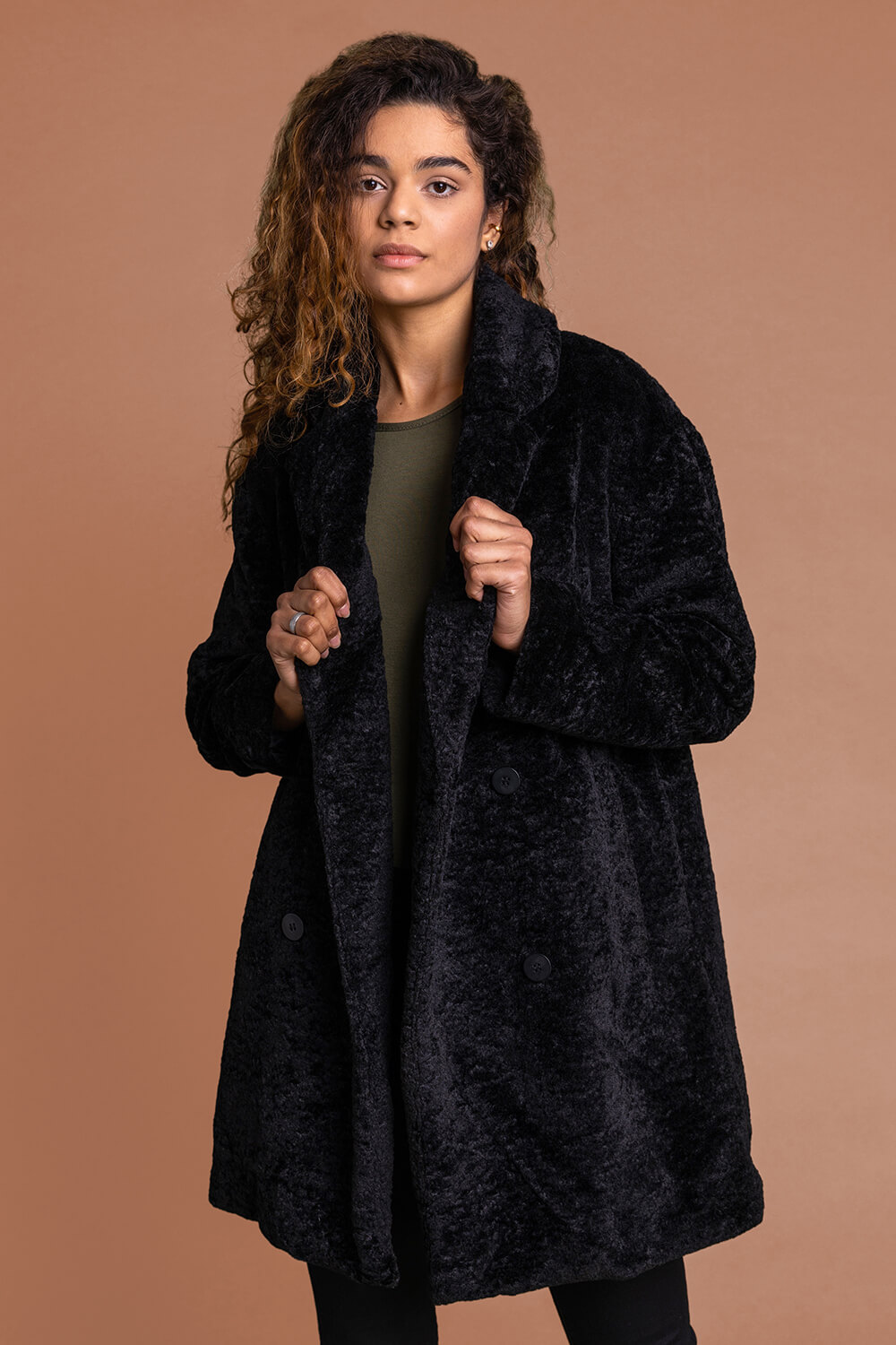 Black Textured Faux Fur Teddy Coat, Image 5 of 5