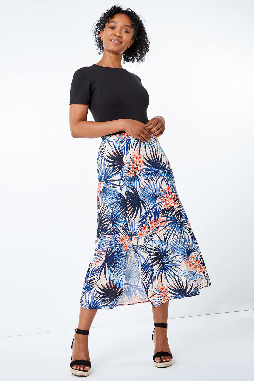Petite Tropical Palm Print Midi Skirt in Pink - Roman Originals UK