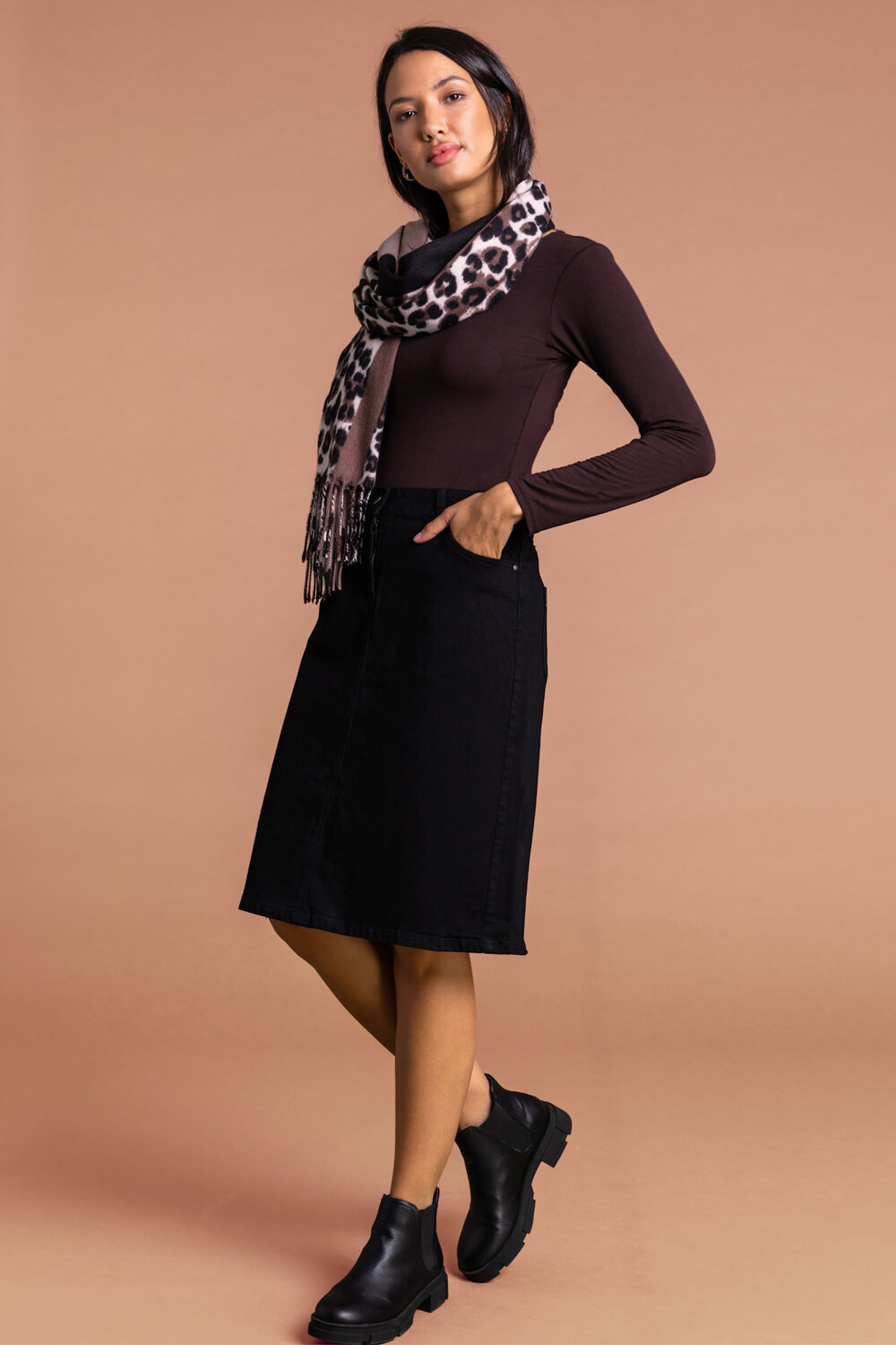 Black Cotton Denim Stretch Skirt, Image 3 of 4