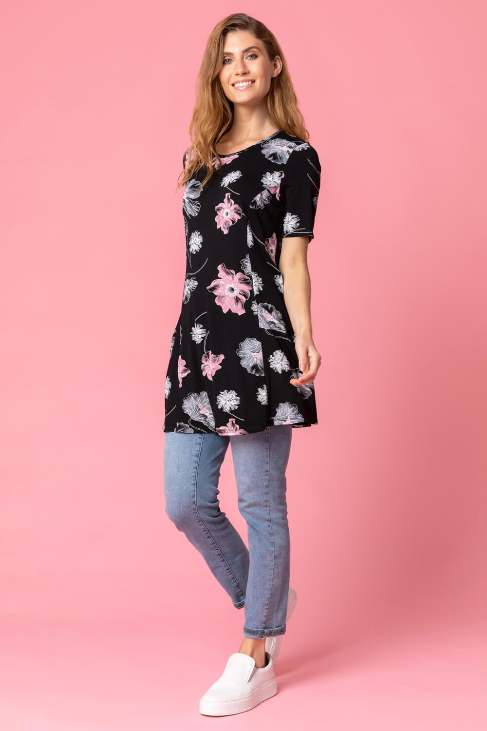 Black Floral Print Swing Tunic Top, Image 3 of 4